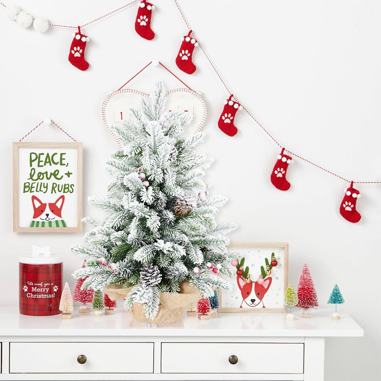 3FT Flocked Tabletop Christmas Tree with 355 Tips, Snowy PE/PVC