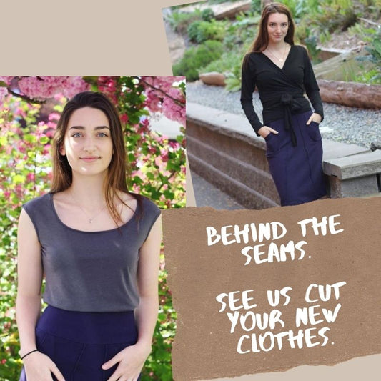 Cutting bamboo clothing in our studio.
