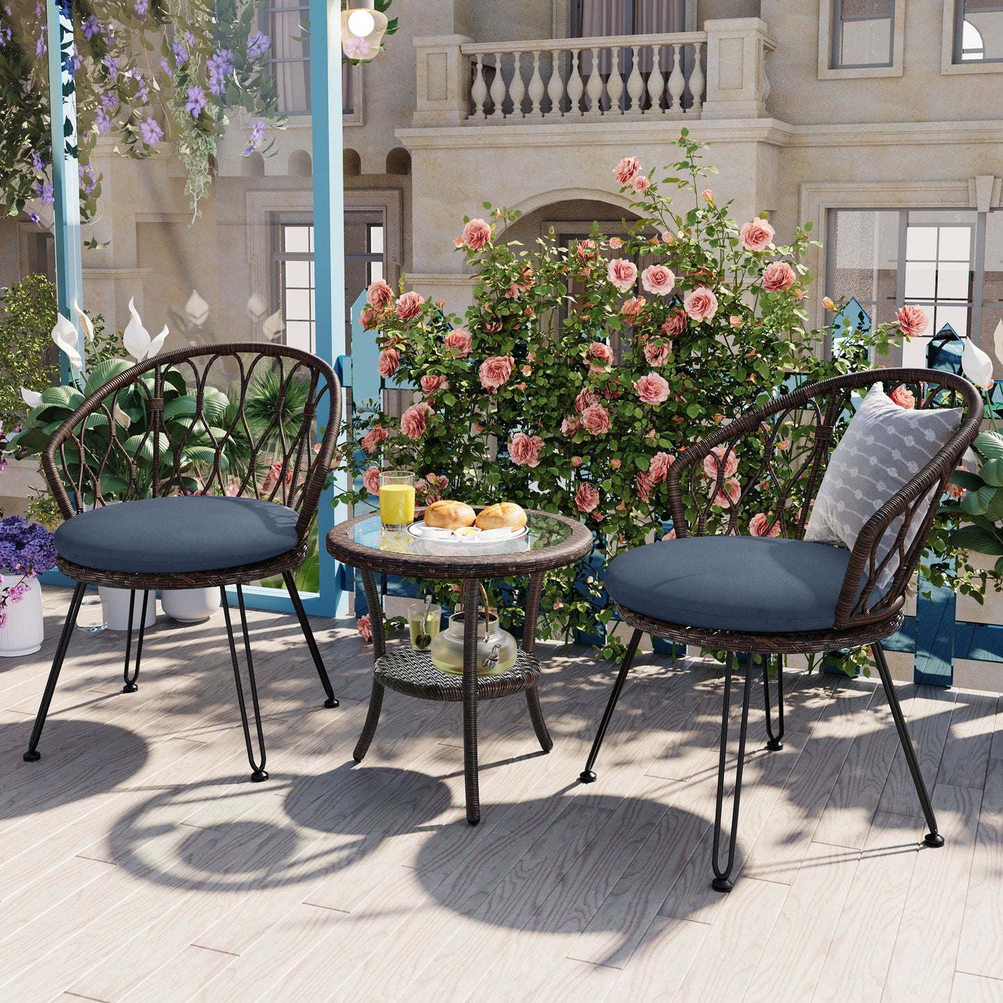 Outdoor Leisure Set, 2 Rattan Single Chairs with A Glass Round Table,