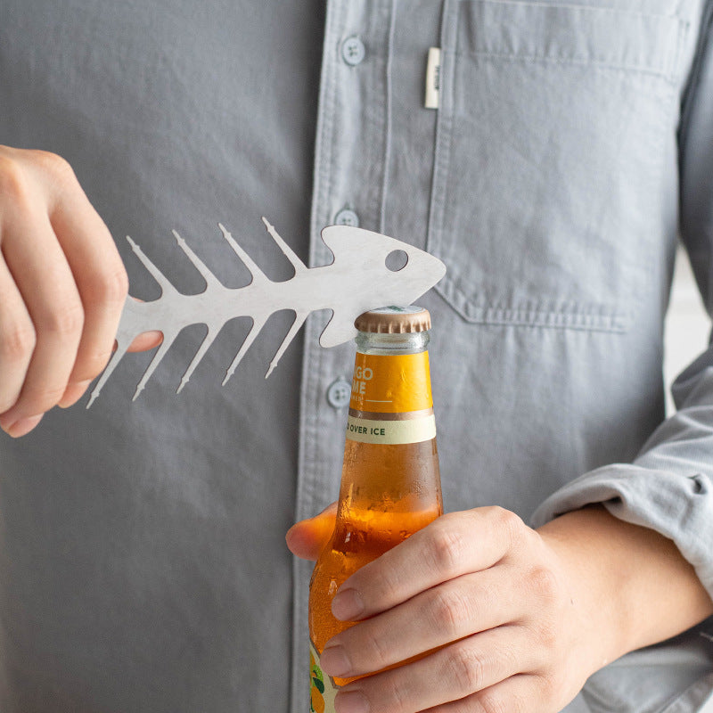 Stainless Steel Fishbone Barbecue Fork Bottle Opener All-in-one Kitchen Gadgets