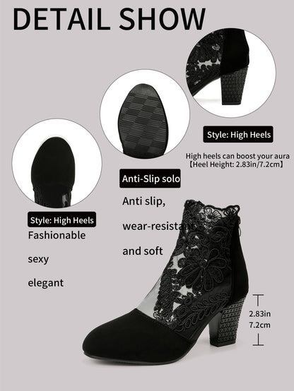CBlack Lace Embroidered Mesh Ankle Boots, Chunky Rhinestone High-heeled Ankle Boots, Suede Patchwork Sexy Hollow-out Women's Boots, Versatile For Dating And Commuting, Exuding Elegant Femininity, Uniq
