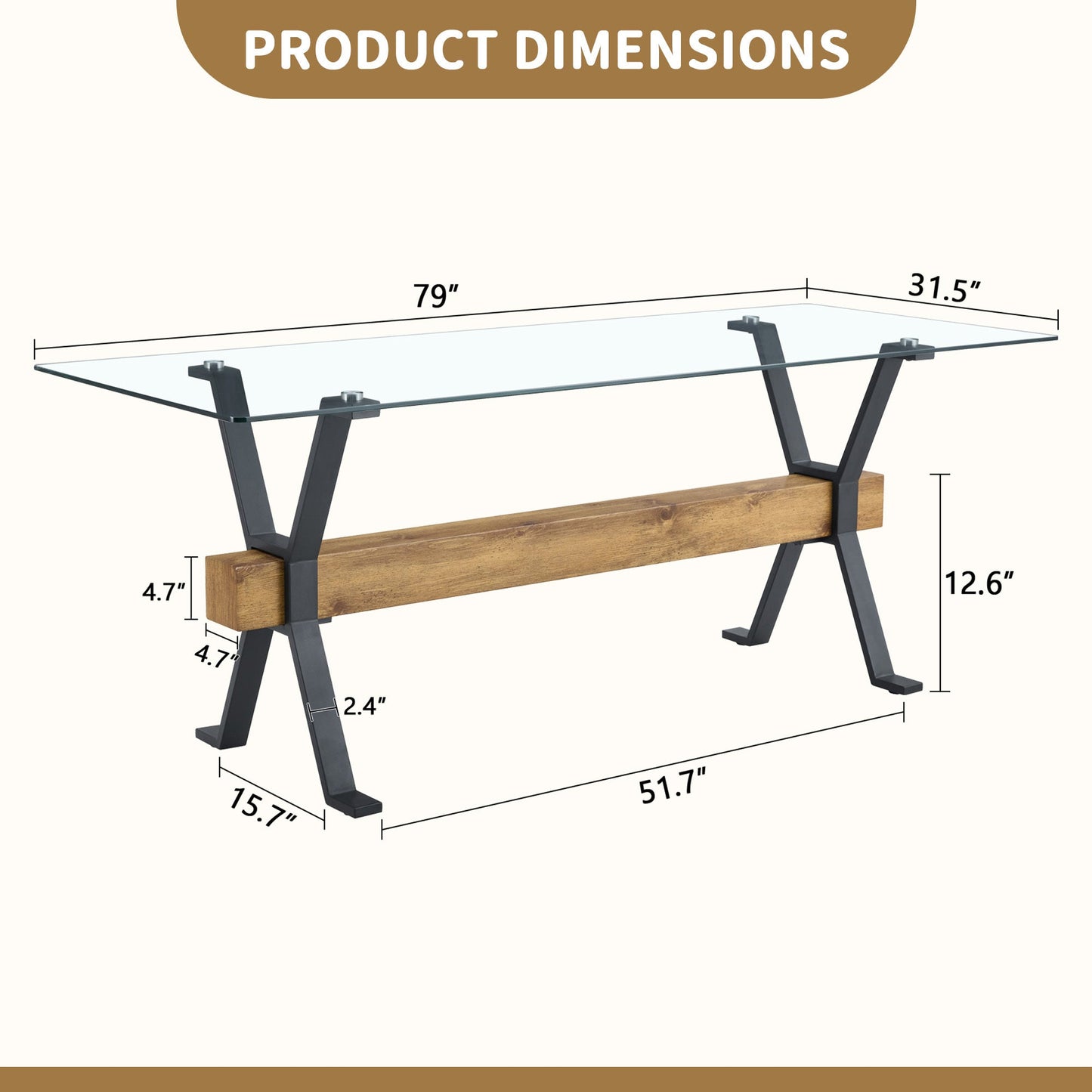 Elegant Transparent Tempered Glass Dining Table with X-shaped Black