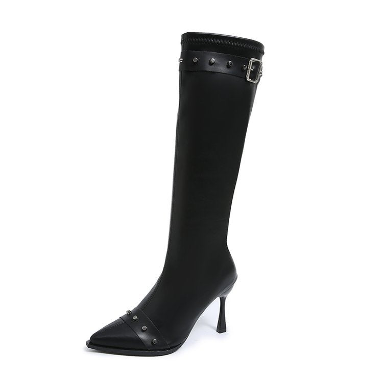 New Rivet Belt Buckle Fashionable Stiletto Stretch High Boots