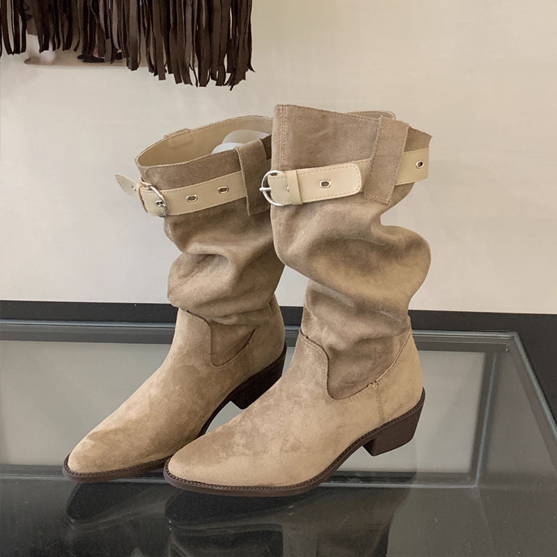 Western Cowboy Mid-calf Thick Heel Pointed Toe High Fold Stack Boots
