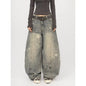 Vintage Washed Distressed Gray Splatter Curved Knife Jeans For Men