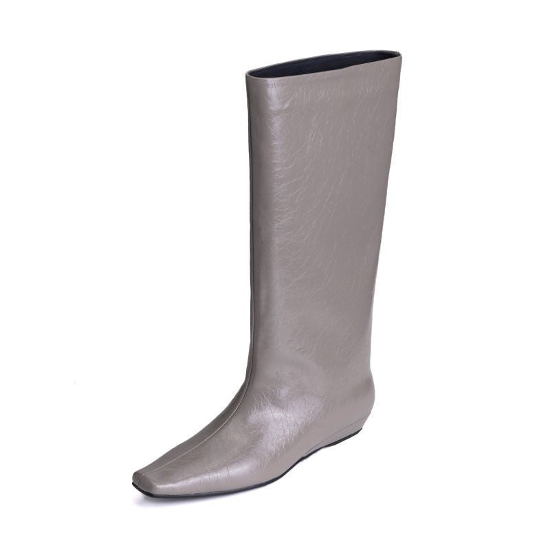 Trendy Black Large Barrel Women's Boots Versatile Square Toe Kitten Heel Knee-high Straight Tube Soft Leather Boots