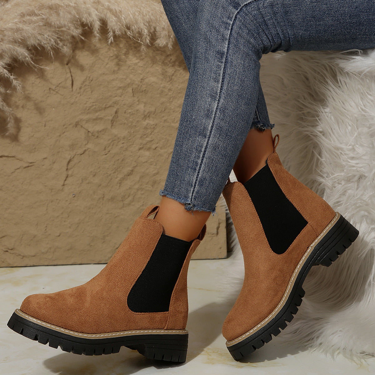 Frosted Mid-ankle Chelsea Bootsstylish, Casual, And Versatile Women's Boots
