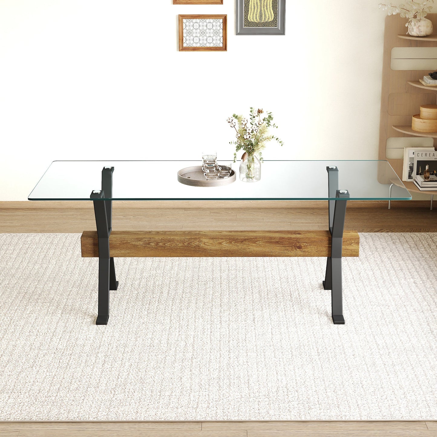 Elegant Transparent Tempered Glass Dining Table with X-shaped Black